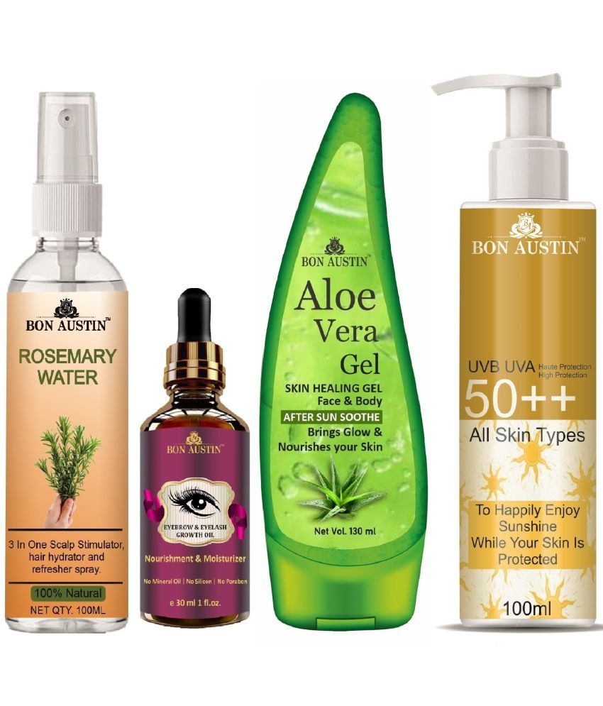     			Bon Austin Rosemary Water | Hair Spray For Regrowth | Hair Growth Expert 100ml, Eyebrow and Eyelash Growth Oil 30ML, UVA & UVB Protection Sunscreen 100ml & Multipurpose Aloe Vera Gel 130ml - Set of 4 Items