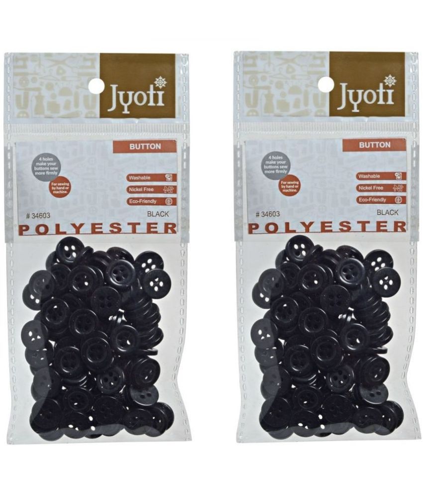     			Jyoti Polyester Buttons - Round, Size 18 Line / 11mm (Black 100 Buttons in a Pouch), Used for Sewing, Clothing, Knitting, Crocheting, Scrapbooking, Embellishments, and DIY Crafting - Pack of 2