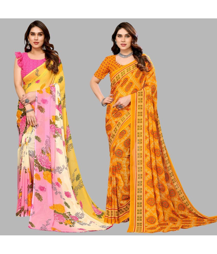     			Kashvi Sarees Georgette Printed Saree With Blouse Piece - Multicolour ( Pack of 2 )