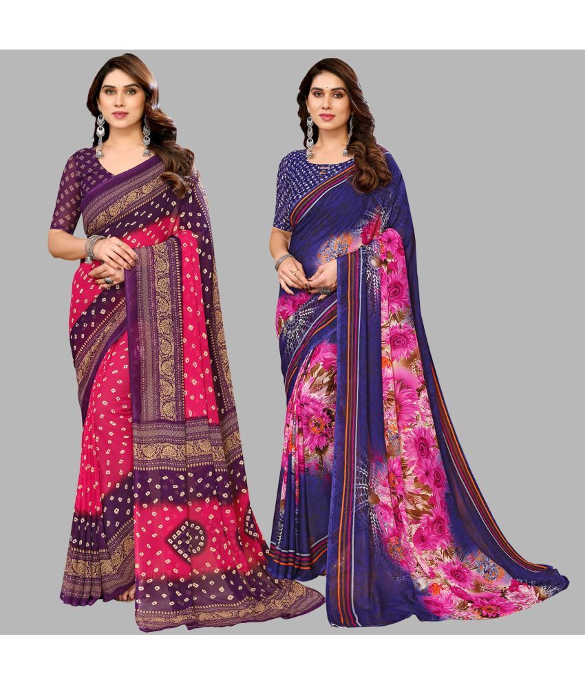     			Kashvi Sarees Georgette Printed Saree With Blouse Piece - Multicolour ( Pack of 2 )