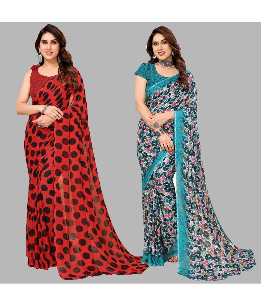     			Kashvi Sarees Georgette Printed Saree With Blouse Piece - Multicolour ( Pack of 2 )