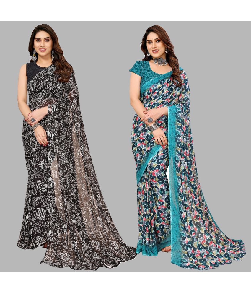     			Kashvi Sarees Georgette Printed Saree With Blouse Piece - Multicolour ( Pack of 2 )