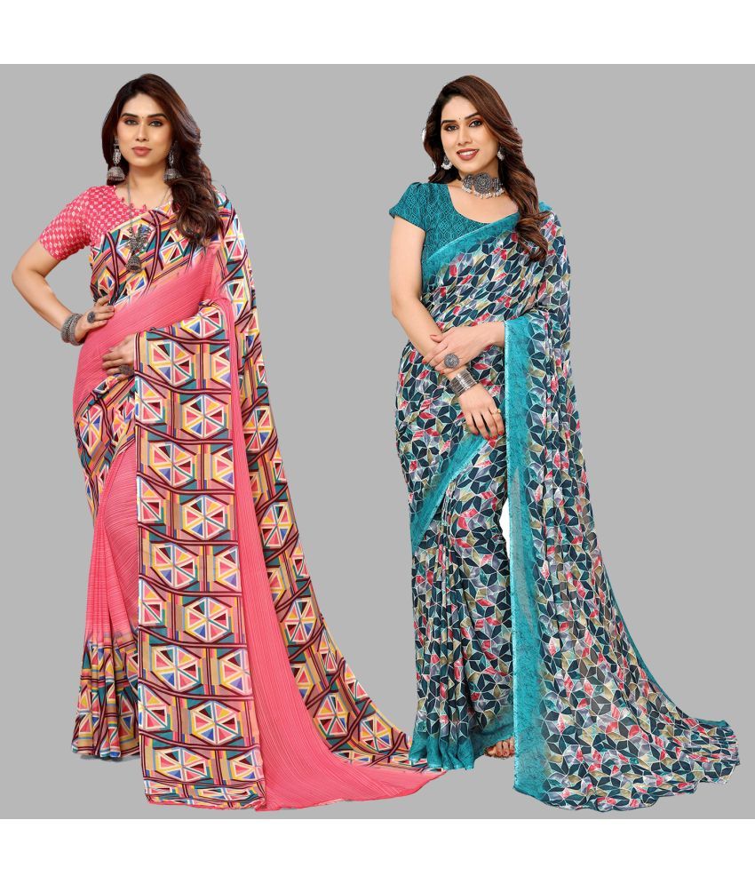     			Kashvi Sarees Georgette Printed Saree With Blouse Piece - Multicolour ( Pack of 2 )