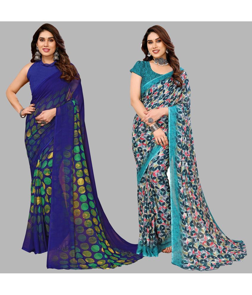     			Kashvi Sarees Georgette Printed Saree With Blouse Piece - Multicolour ( Pack of 2 )