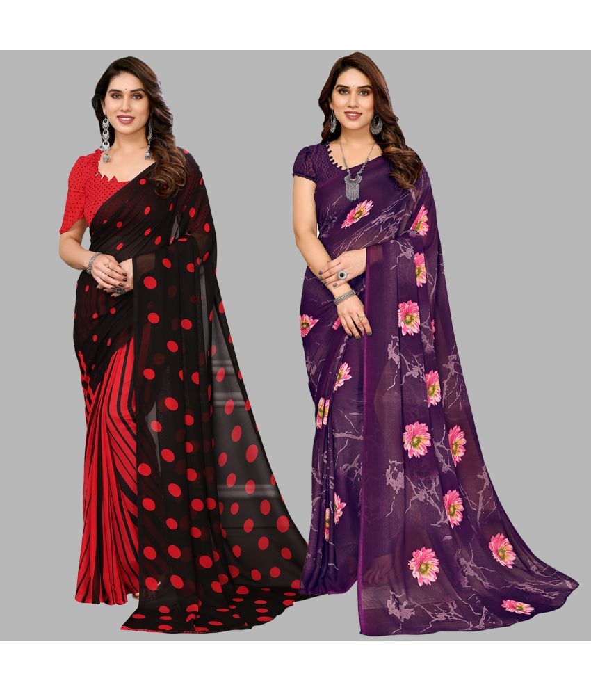     			Kashvi Sarees Georgette Printed Saree With Blouse Piece - Multicolour ( Pack of 2 )