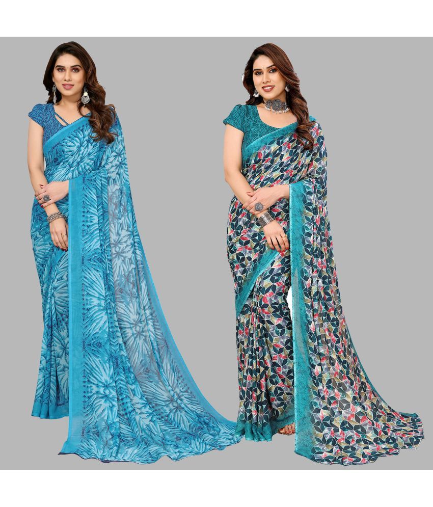     			Kashvi Sarees Georgette Printed Saree With Blouse Piece - Multicolour ( Pack of 2 )