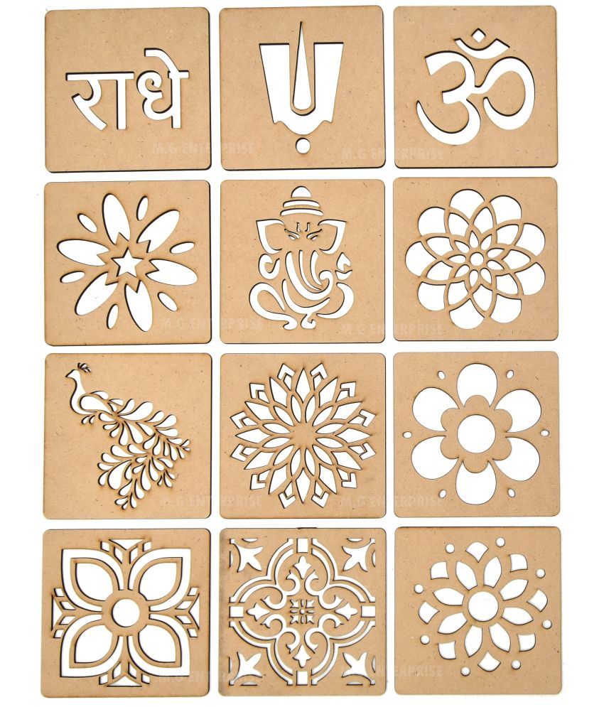     			M.G ENTERPRISE DIY MDF Rangoli Stencils For Floor and Wall PLS-B-12 Set of 12 pc (4 in x 4 in)