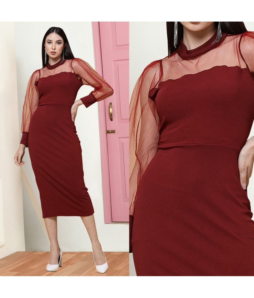     			MISS AYSE Cotton Blend Solid Midi Women's Fit & Flare Dress - Maroon ( Pack of 1 )