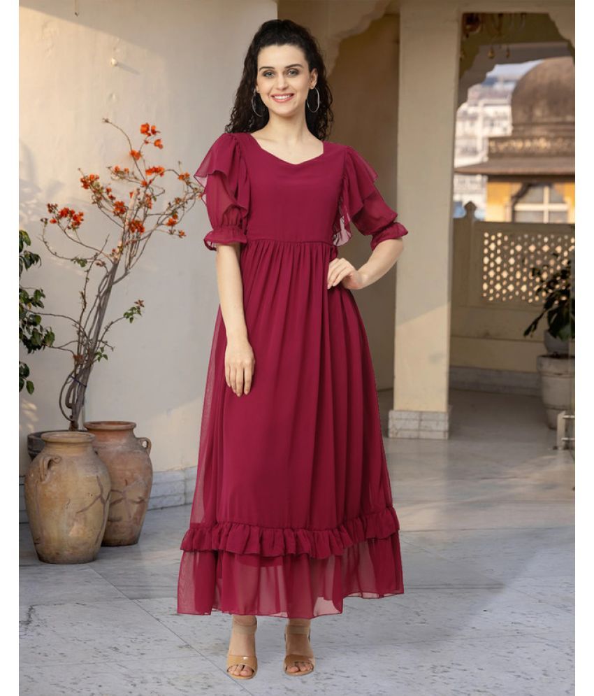     			MISS AYSE Georgette Solid Full Length Women's Fit & Flare Dress - Maroon ( Pack of 1 )