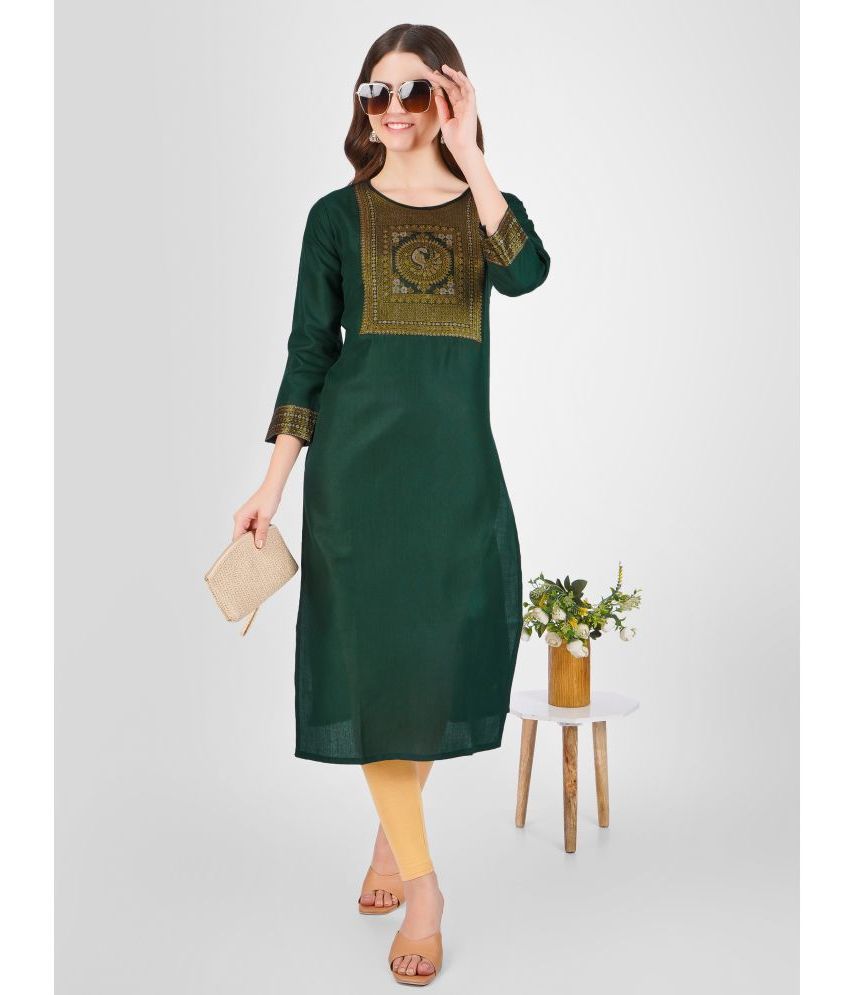     			Milastru Cotton Embroidered Straight Women's Kurti - Green ( Pack of 1 )