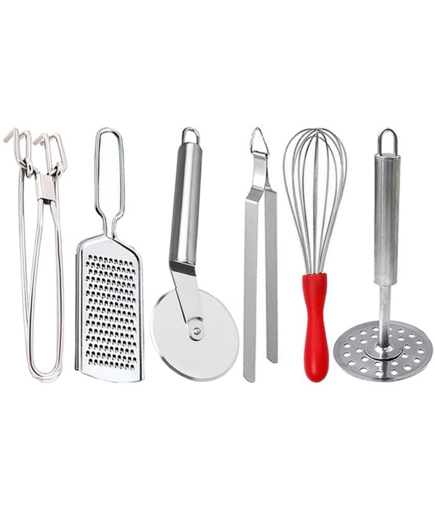     			OC9 Silver Stainless Steel Grater+Pakkad+Pizza+Whisk+Chimta+Masher ( Set of 6 )