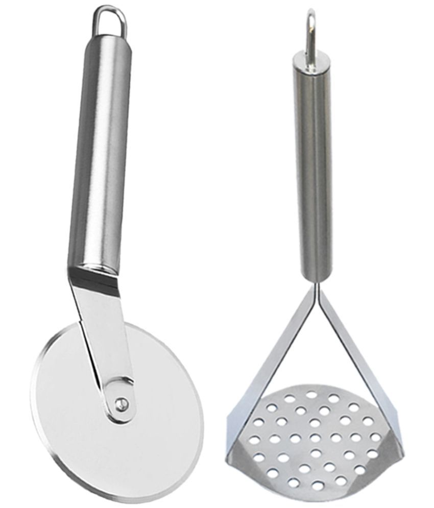     			OC9 Silver Stainless Steel Pizza Cutter+Masher ( Set of 2 )