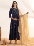 Janasya Crepe Printed Straight Women's Kurti with Dupatta - Navy ( Pack of 1 )