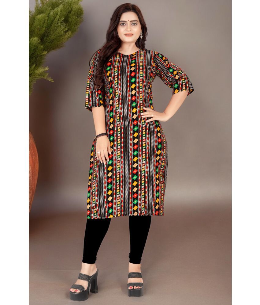     			AMTHI Cotton Blend Printed Straight Women's Kurti - Black ( Pack of 1 )