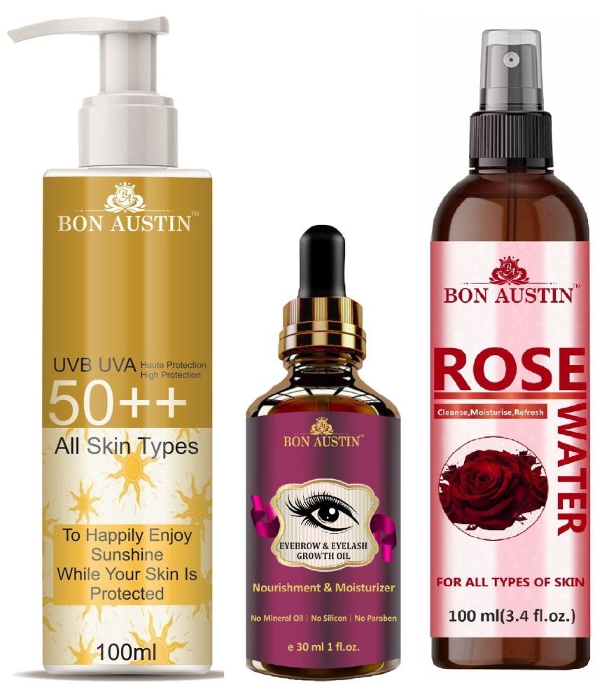     			Bon Austin Broad Spectrum SPF 50++ Sunscreen 100ML, Eyebrow & Eyelash Growth Oil 30ML & Natural Rose Water 100ml - Combo of 3