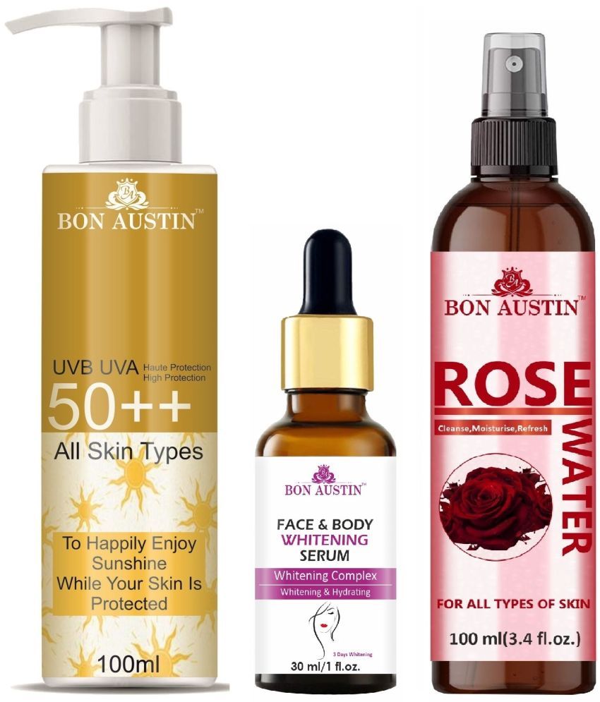     			Bon Austin Broad Spectrum SPF 50++ Sunscreen 100ML, Face and Body Whitening Serum 30ML & Natural Rose Water 100ml - Combo of 3