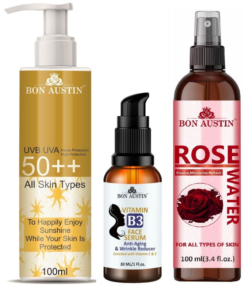     			Bon Austin Broad Spectrum SPF 50++ Sunscreen 100ML, Vitamin B3 Facial Brightening Serum 30ML & Natural Rose Water 100ml - Combo of 3