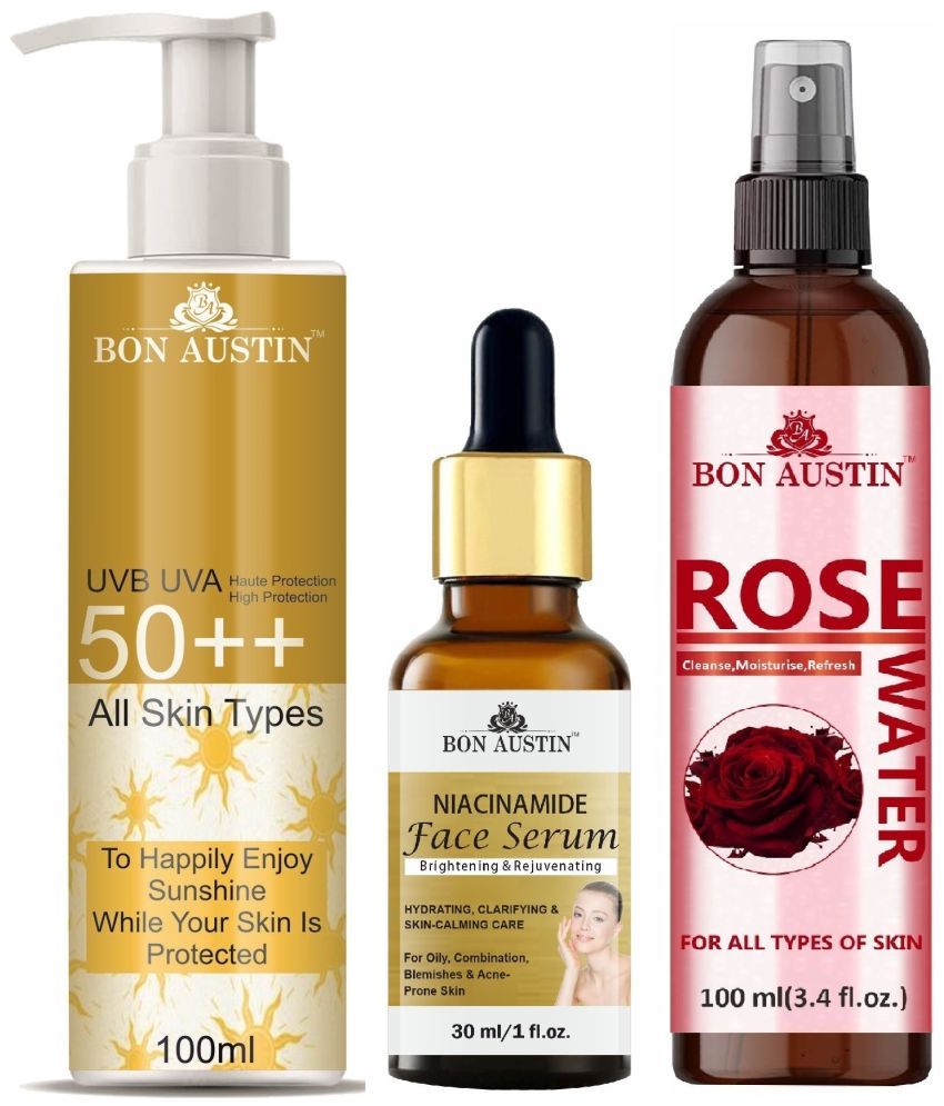     			Bon Austin Broad Spectrum SPF 50++ Sunscreen 100ML, Niacindamide Face Serum 30ML & Natural Rose Water 100ml - Combo of 3