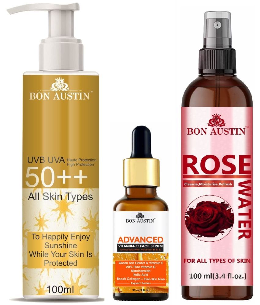     			Bon Austin Broad Spectrum SPF 50++ Sunscreen 100ML, Advance Vitamin C Face Serum 30ML & Natural Rose Water 100ml - Combo of 3