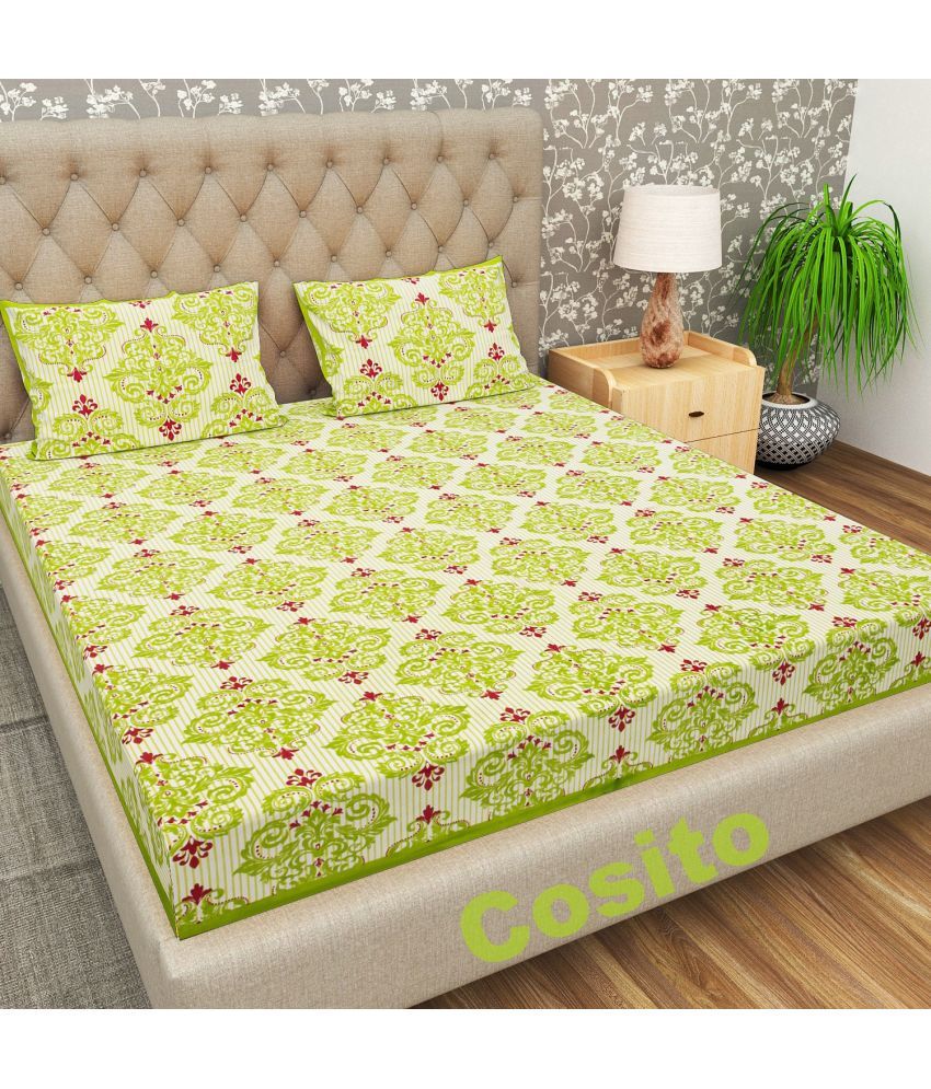     			Cosito Cotton Ethnic 1 Double Bedsheet with 2 Pillow Covers - Light Green