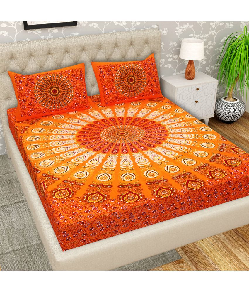     			Cosito Cotton Ethnic 1 Double Bedsheet with 2 Pillow Covers - Orange