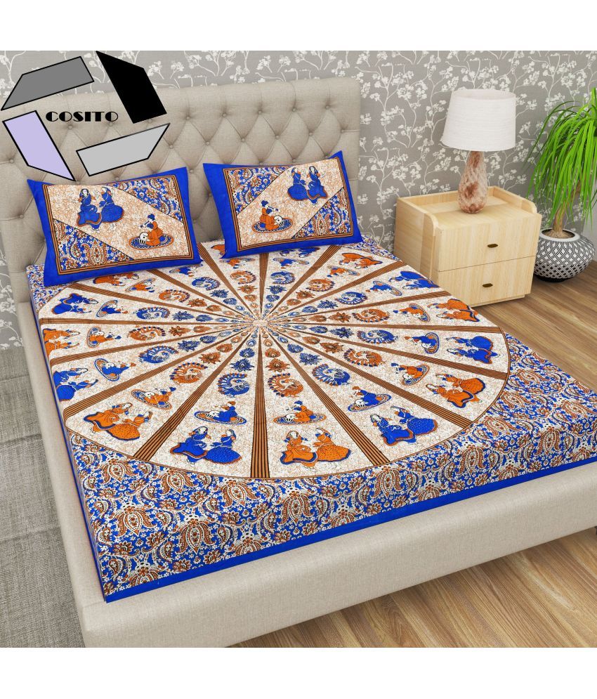     			Cosito Cotton Ethnic 1 Double Bedsheet with 2 Pillow Covers - Blue