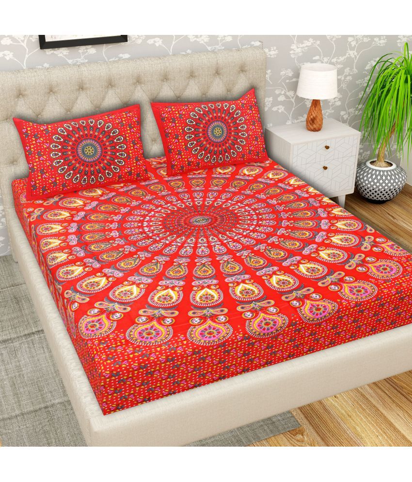     			Cosito Cotton Ethnic 1 Double Bedsheet with 2 Pillow Covers - Red