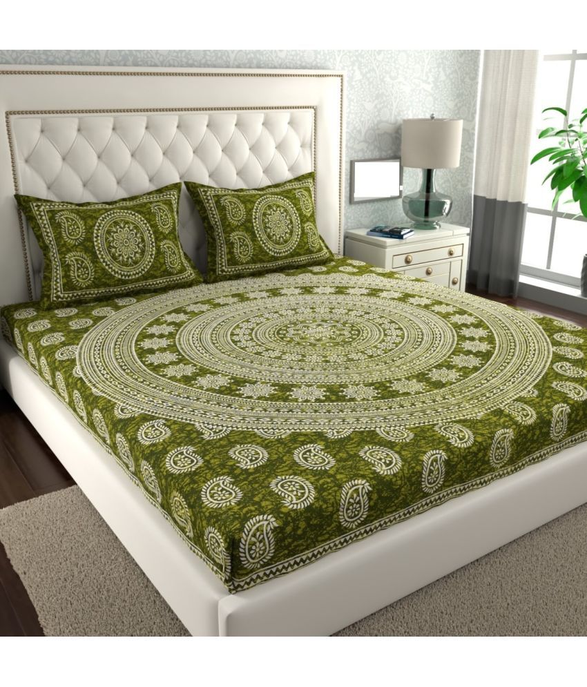     			Cosito Cotton Ethnic 1 Double Bedsheet with 2 Pillow Covers - Green