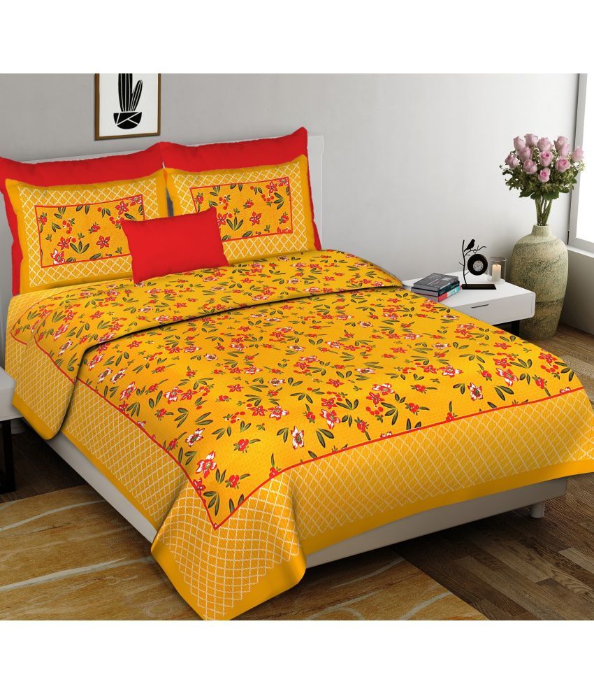     			Cosito Cotton Floral 1 Double Bedsheet with 2 Pillow Covers - Yellow