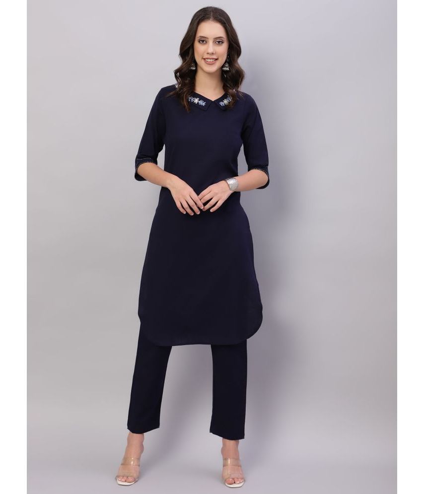     			Flamboyant Cotton Embroidered Kurti With Pants Women's Stitched Salwar Suit - Navy Blue ( Pack of 1 )