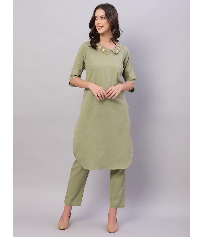     			Flamboyant Cotton Embroidered Kurti With Pants Women's Stitched Salwar Suit - Lime Green ( Pack of 1 )