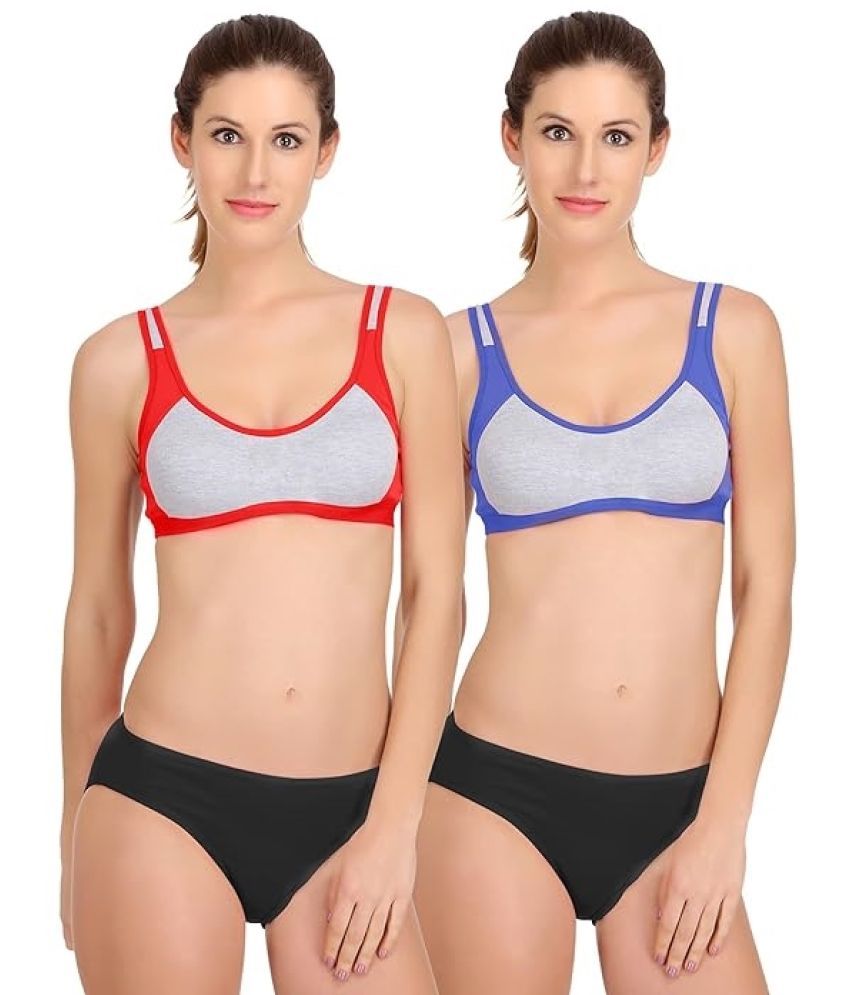     			Kiran Enterprises Blue,Red Cotton Women's Bra & Panty Set ( Pack of 2 )