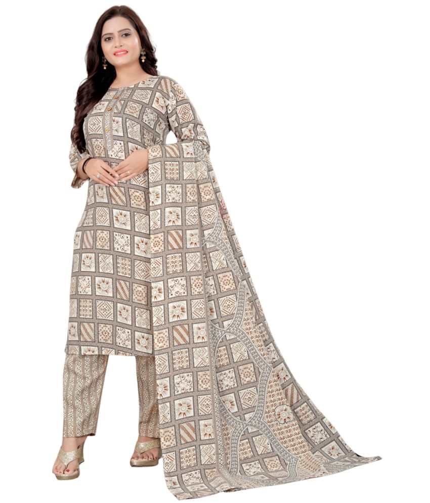     			Krihani Cotton Blend Printed Kurti With Pants Women's Stitched Salwar Suit - Beige ( Pack of 1 )