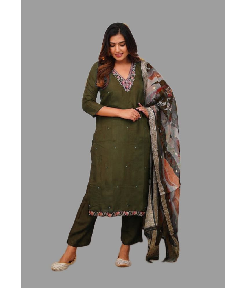     			MEHZEEL FAB Silk Blend Embroidered Kurti With Pants Women's Stitched Salwar Suit - Olive ( Pack of 1 )