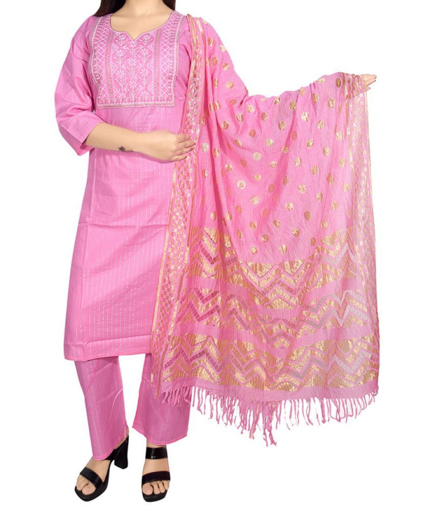     			SHOTEK Rayon Embroidered Kurti With Pants Women's Stitched Salwar Suit - Pink ( Pack of 1 )