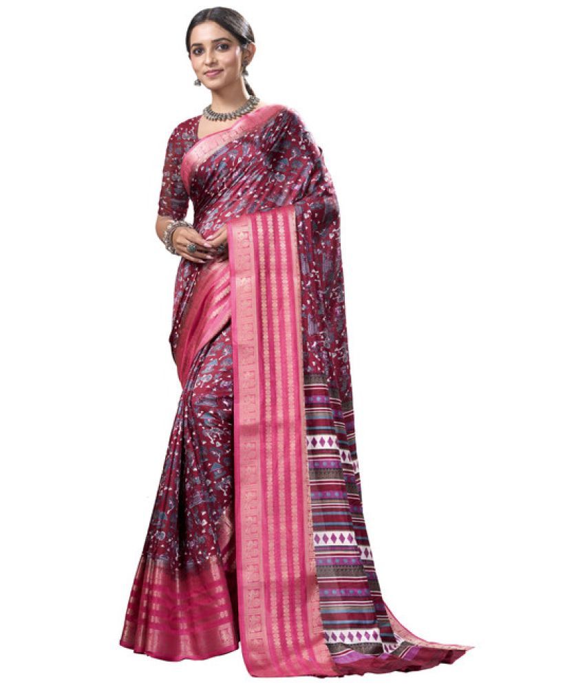     			Sitanjali Lifestyle Silk Blend Printed Saree With Blouse Piece - Maroon ( Pack of 1 )