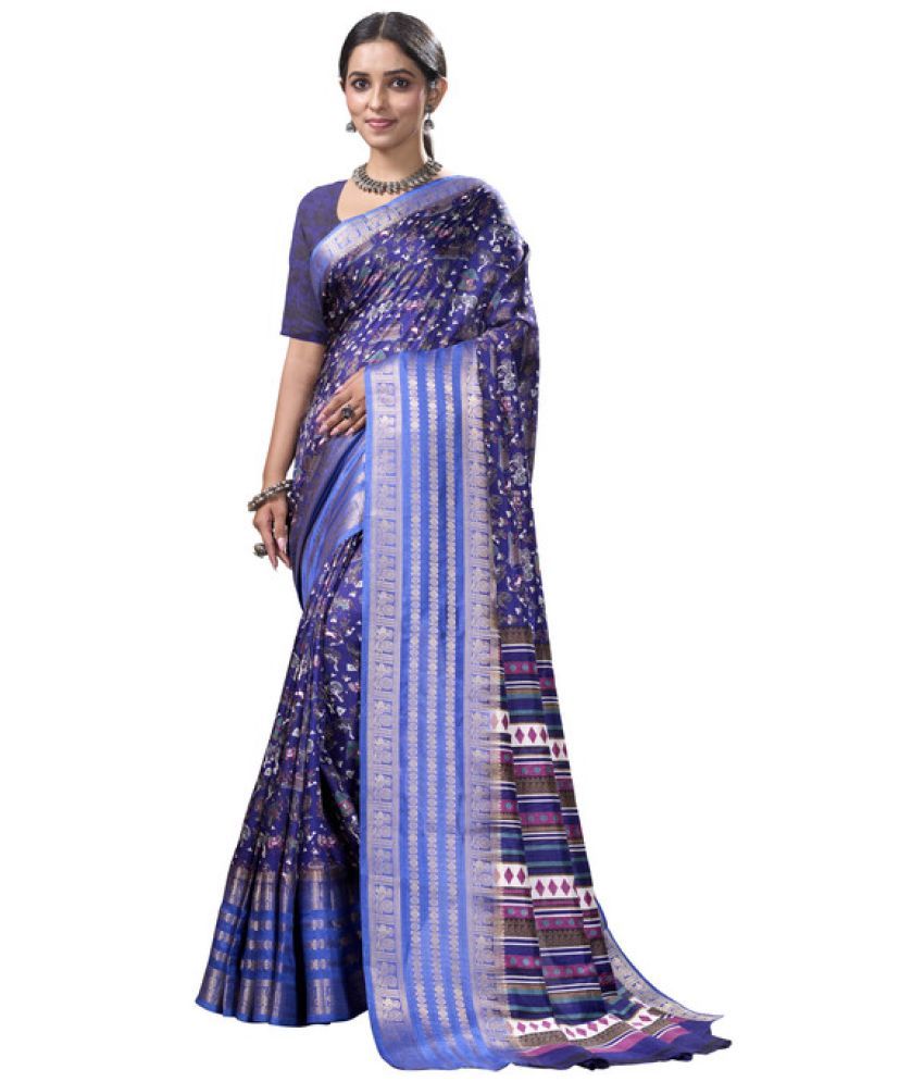     			Sitanjali Silk Blend Printed Saree With Blouse Piece - Navy Blue ( Pack of 1 )