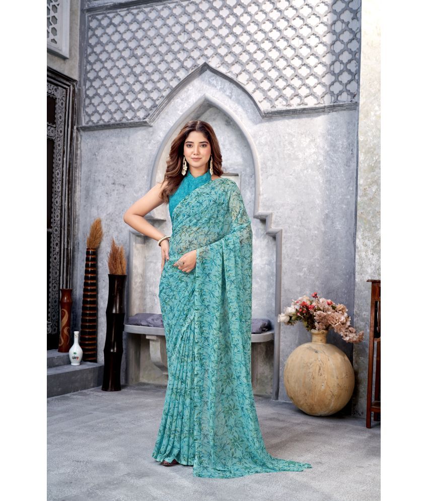     			Varni Fabrics Georgette Printed Saree With Blouse Piece - Teal ( Pack of 1 )