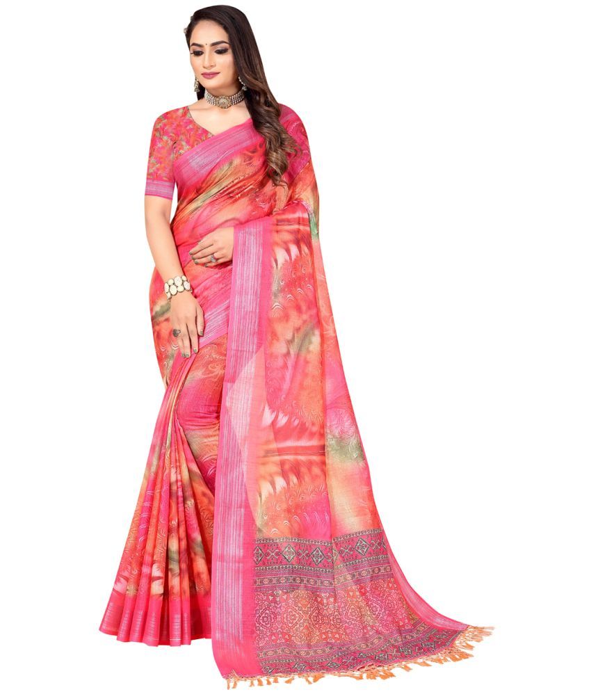     			AMTHI Linen Printed Saree With Blouse Piece - Pink ( Pack of 1 )