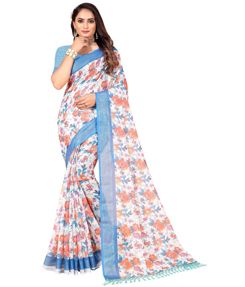     			AMTHI Linen Printed Saree With Blouse Piece - White ( Pack of 1 )