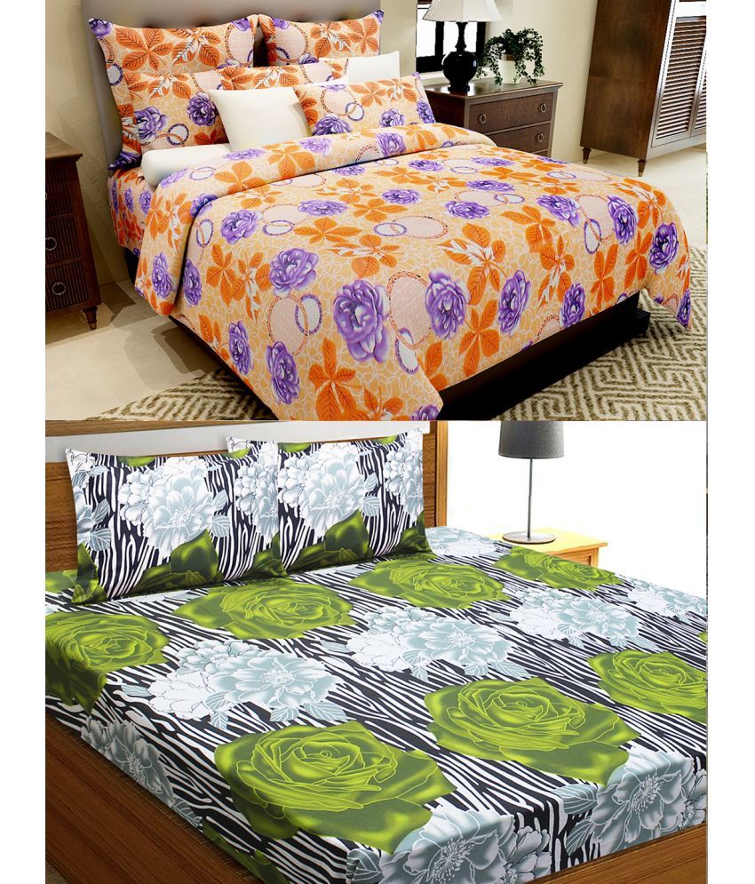     			Home Candy Cotton Floral 2 Double Bedsheet with 4 Pillow Covers - Green