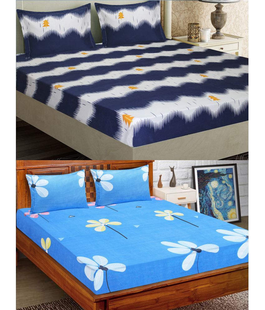     			Home Candy Microfiber Floral 2 Double Bedsheet with 4 Pillow Covers - Blue