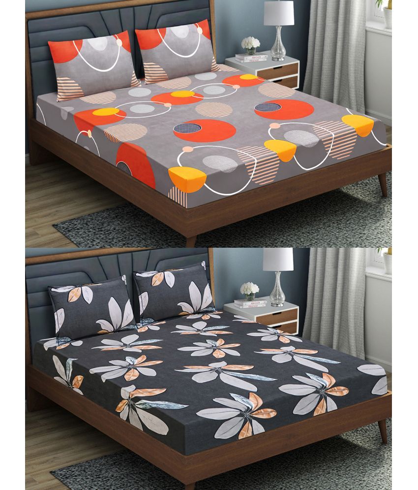     			Home Candy Microfiber Floral 2 Double Bedsheet with 4 Pillow Covers - Orange