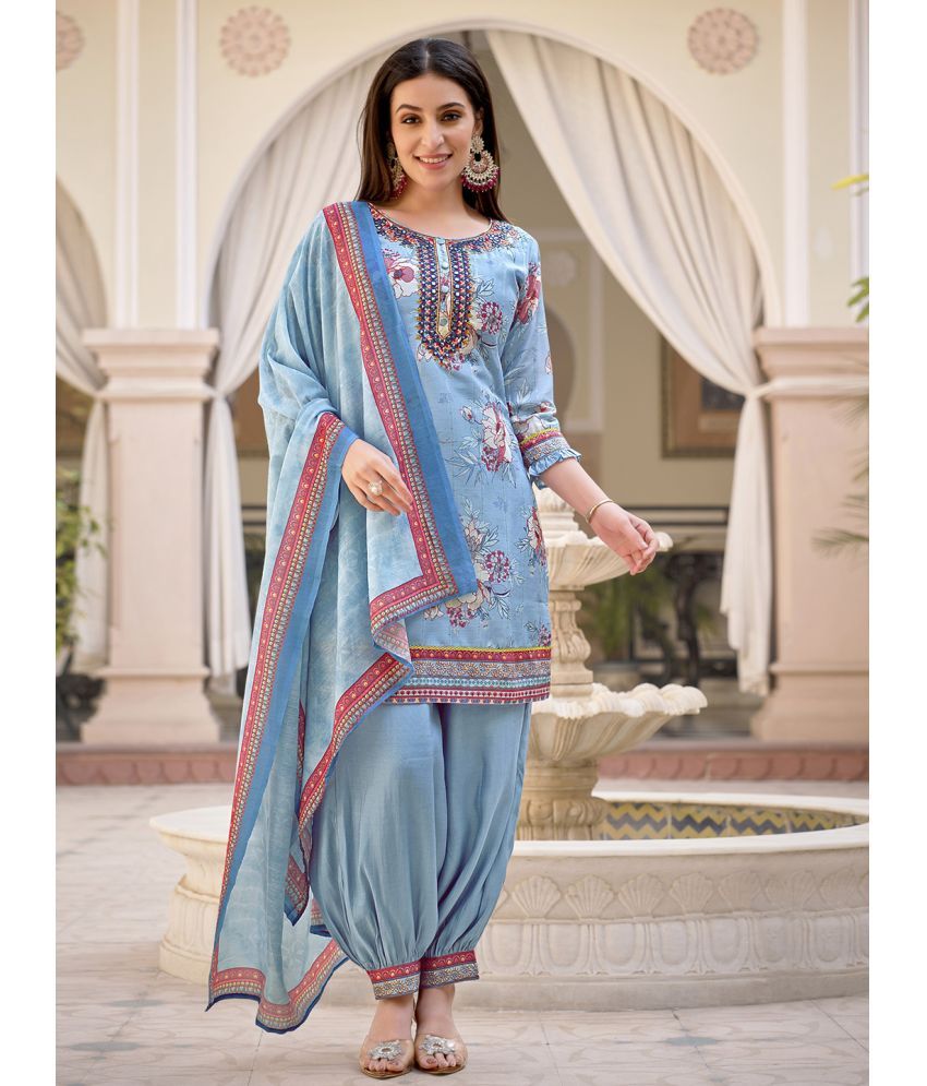     			MOJILAA Silk Embroidered Kurti With Patiala Women's Stitched Salwar Suit - Light Blue ( Pack of 1 )