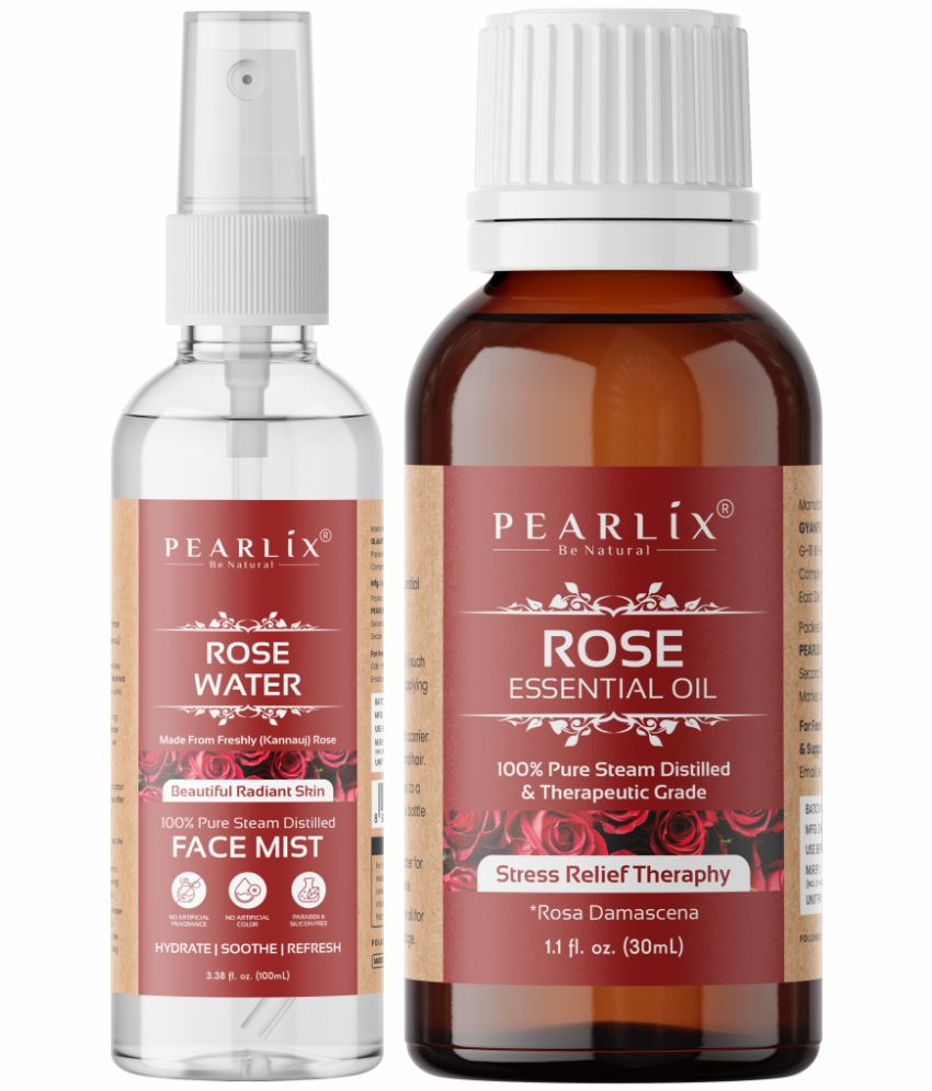     			PEARLIX Rose Water & Rose Essential Oil for Stress Relief, Skin, Hair, Bath & Aroma 100% Pure & Natural  ( Pack of 2 ), 130ml