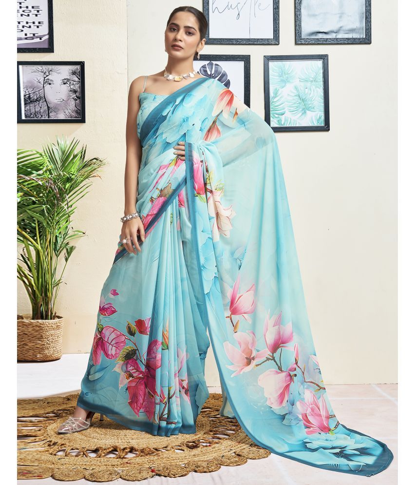     			Samah Georgette Printed Saree With Blouse Piece - Light Blue ( Pack of 1 )