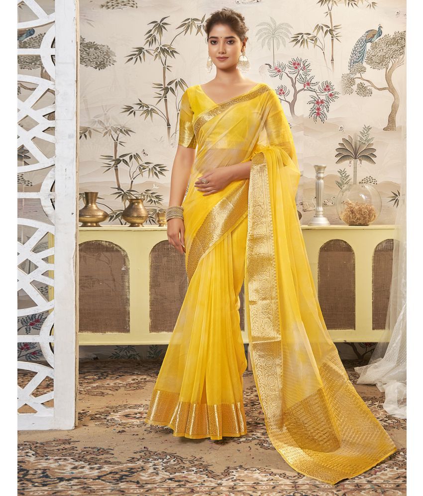     			Samah Organza Embellished Saree With Blouse Piece - Yellow ( Pack of 1 )