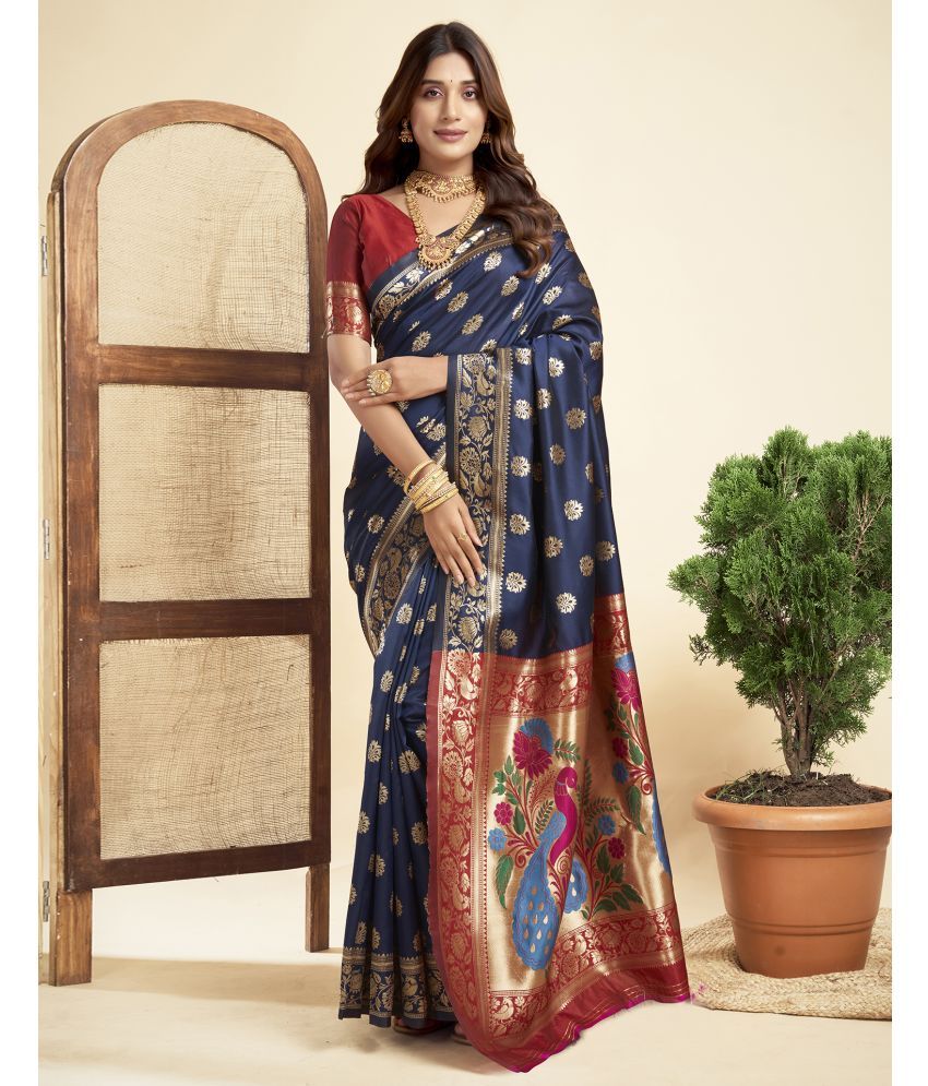     			Samah Silk Blend Embellished Saree With Blouse Piece - Navy Blue ( Pack of 1 )