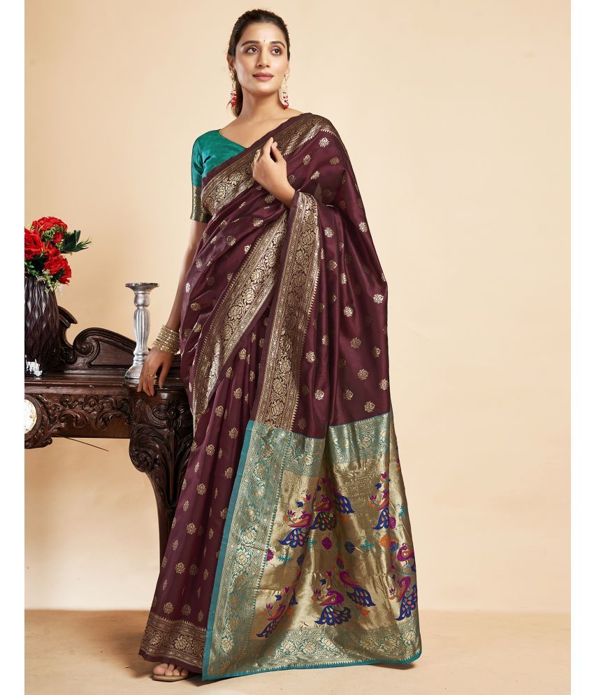     			Samah Silk Blend Printed Saree With Blouse Piece - Brown ( Pack of 1 )