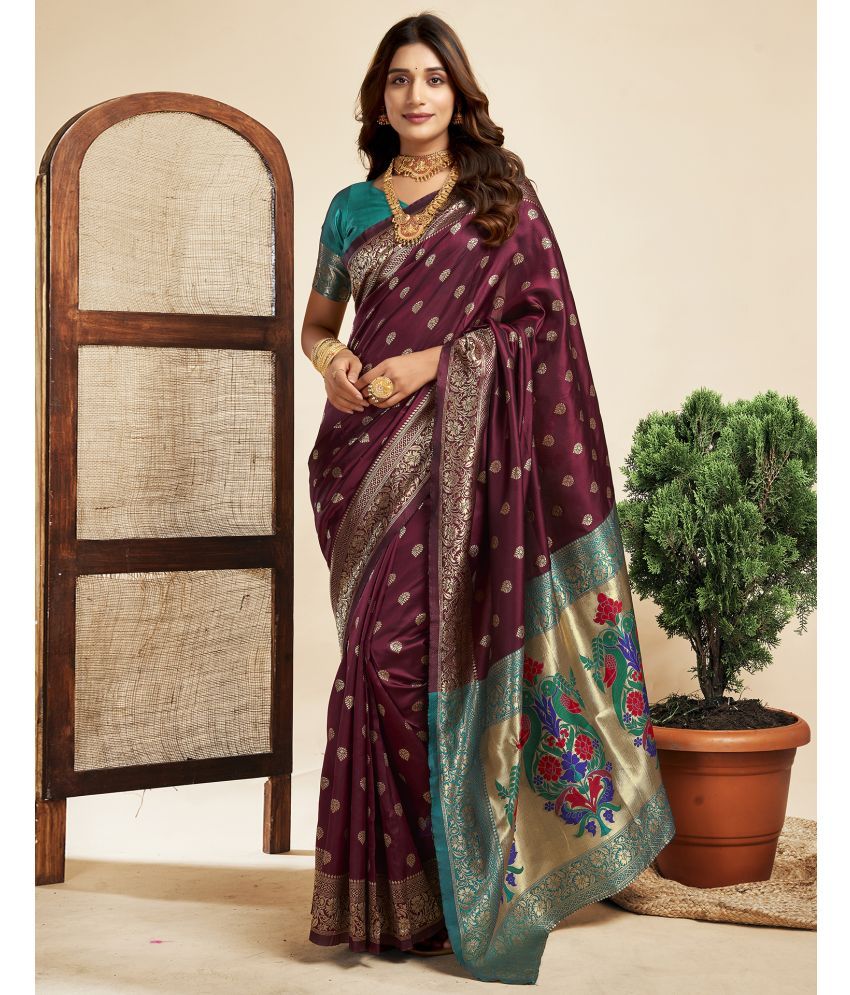     			Samah Silk Blend Printed Saree With Blouse Piece - Maroon ( Pack of 1 )